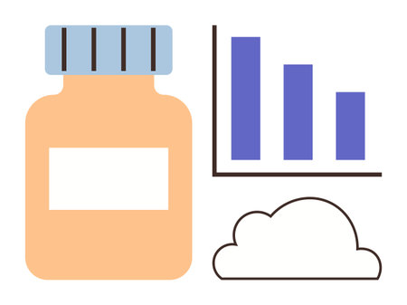 Medicine jar next to a bar chart and cloud outline. Ideal for health analytics, storage, data visualization, pharmaceutical trends, cloud computing, medical research, simple flat metaphorのイラスト素材