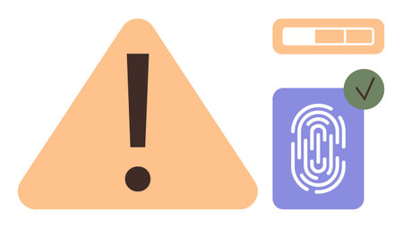 Orange warning triangle with exclamation mark, fingerprint scan, and verification progress bar. Ideal for cybersecurity, authentication, safety, protection, warning, identity confirmation digitalのイラスト素材