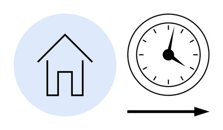 House icon inside a circle, followed by a clock and a rightward arrow, representing work-life balance, time tracking, routines, transitions, scheduling, productivity and deadlines. Idealのイラスト素材