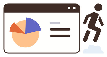 Analytics screen with a pie chart and text areas next to a person stepping upward. Ideal for progress, success, analytics, growth, data-driven decisions, productivity, simple flat metaphorのイラスト素材