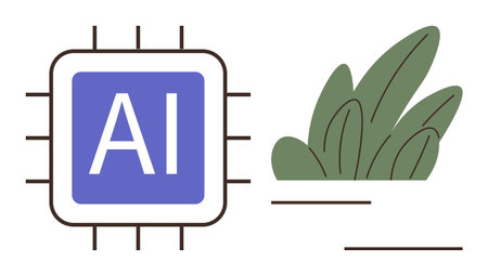 AI microchip with bold lettering next to green leaf illustration representing technology, nature,...