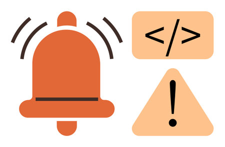 Ringing notification bell, warning triangle with exclamation mark, and coding syntax brackets. Ideal for alerts, warnings, notifications, coding errors, troubleshooting reminders debugging. Simpleのイラスト素材