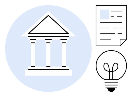Pillared structure symbolizing institutions, next to a document and a light bulb signifying knowledge, law, and ideas. Ideal for education, governance, innovation, policy, learning creativityのイラスト素材
