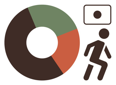 Pie chart with green, orange, and brown segments, human figure walking, and rectangular shape with dot. Ideal for analytics, finance, progress data strategy decision-making education. Simple flatのイラスト素材