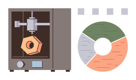 3D printer manufacturing hexagonal part beside segmented pie chart with data categories. Ideal for innovation, manufacturing, technology, data, analytics, engineering, business strategies. Simpleのイラスト素材
