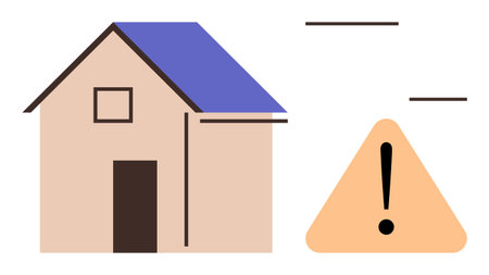 House with a blue roof beside a yellow warning sign featuring an exclamation mark. Ideal for home safety, risk management, construction alerts, property maintenance, emergency planning, hazardのイラスト素材