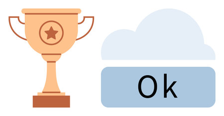 Trophy with star symbolizes success and recognition beside a cloud and OK button. Ideal for achievement, motivation, approval, recognition, success, goals, feedback. Simple flat metaphorのイラスト素材