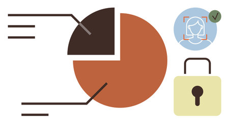 Pie chart with detailed data labels, user recognition profile with verification, and secure lock symbol. Ideal for analytics, identity security, data privacy, authentication, protection, digitalのイラスト素材