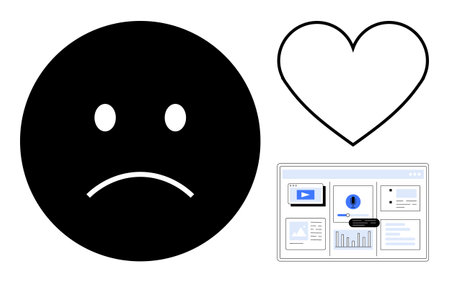 Sad face evokes dissatisfaction heart symbolizes empathy interface suggests digital communication or...