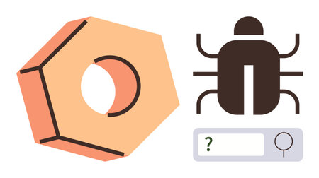 Search bar with query and magnifying glass, a bug symbolizing malware, and a hex nut representing...