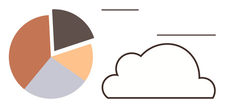 Pie chart with divided sections beside a simple cloud outline. Ideal for analytics, data storage, cloud computing, technology, digital marketing, business strategy, simple flat metaphorのイラスト素材