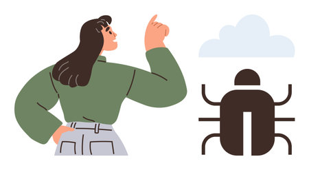 Woman pointing to a bug near a minimalist cloud with a confident stance, symbolizing problem...