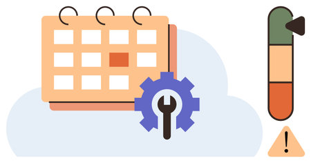 Calendar with wrench icon for settings, task management in cloud. Risk meter highlights priority. Ideal for workflow, deadlines, planning, productivity, analysis project risk. Simple flat metaphorのイラスト素材