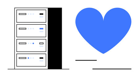 Data servers with control indicators next to a blue heart, symbolizing trust, reliability, and human...