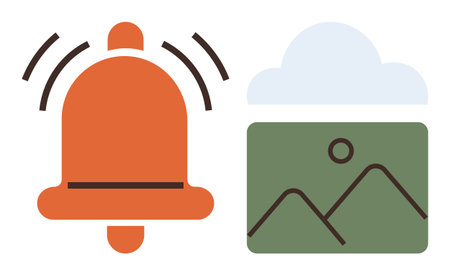 Orange ringing bell alongside a simple landscape image with mountains and sky. Ideal for...