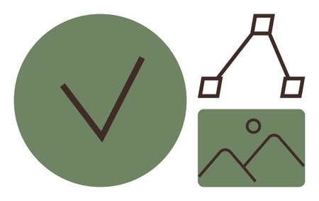 Green circle with checkmark, bezier curve with anchor points, and stylized mountain. Ideal for...