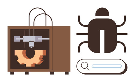 3D printer creating a mechanical gear, bug symbolizing software issues, and search bar illustrating...