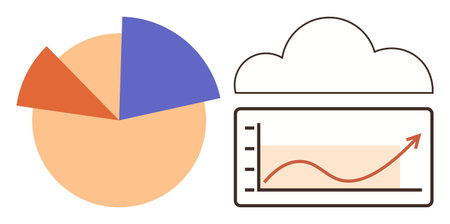 Pie chart with three colorful segments alongside a cloud framing a line graph showing upward growth trend. Ideal for data analysis, cloud computing, business growth, statistics, performance trackingのイラスト素材