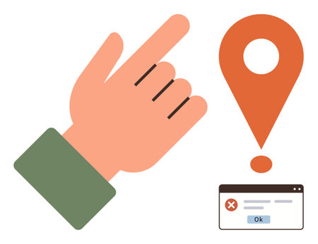 Hand gesture points to orange location marker with exclamation point small error popup nearby. Ideal for navigation, system error, alert, user interface, decision-making, warning, simple flatのイラスト素材