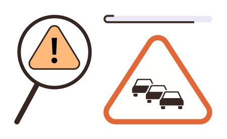 Magnifying glass over a triangular warning sign highlighting traffic congestion. Progress bar above suggests monitoring and analysis. Ideal for traffic safety, road management, warnings, alertsのイラスト素材
