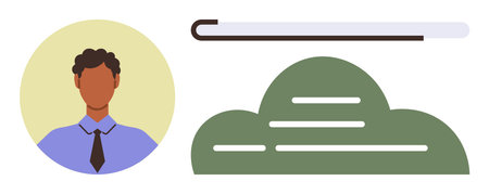 Male avatar beside progress bar over cloud with text lines, visualizing personal progress, account...