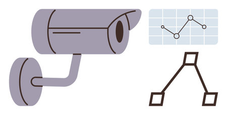 Security camera, line chart with data points, and process flowchart symbolize monitoring, analytics,...