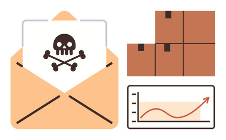 Open envelope revealing danger icon, stacked boxes, and upward graph line. Ideal for cybersecurity, data theft, business risks, threat prevention, communication, logistics simple flat metaphorのイラスト素材