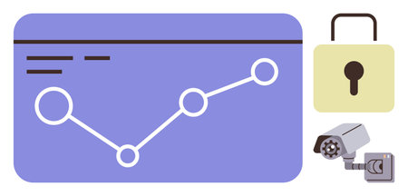 Analytics chart with connected points, security lock, and surveillance camera illustrating data...