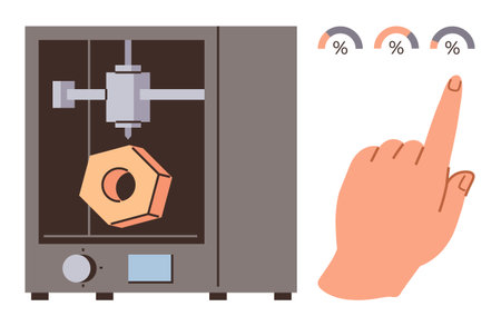 3D printer creating geometric object, hand pointing at progress gauges. Ideal for technology, innovation, manufacturing, productivity, workflow, automation futuristic design. Simple flat metaphorのイラスト素材