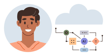 Smiling person beside a cloud with AI-connected diagrams and flowcharts, representing technology and innovation. Ideal for AI, cloud computing, data flow, science, education, teamwork, human-centeredのイラスト素材