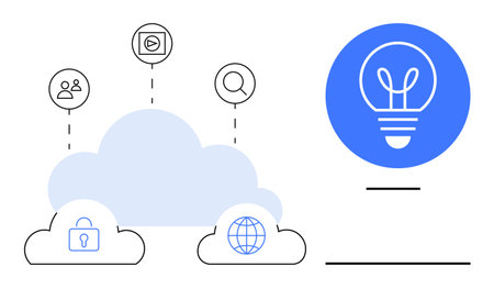 Cloud structure with icons for user, security, media, search, and globe connected visually. Blue light bulb as innovation focus. Ideal for technology, teamwork, creativity digital security SaaSのイラスト素材