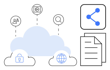 Cloud with global symbol, secure padlock, and file sharing icons. Dashed lines connect multiple elements. Ideal for cloud computing, data safety, teamwork, innovation, remote work file sharingのイラスト素材