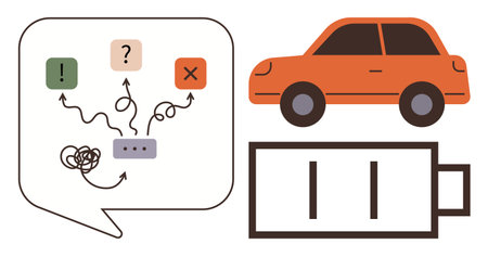 Orange car, empty battery icon, and tangled lines in a speech bubble signaling confusion and solutions. Ideal for energy management, vehicle issues, communication, problem-solving, troubleshootingのイラスト素材