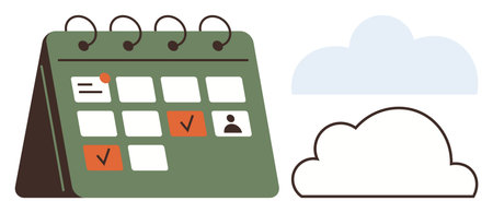 Green desk calendar with marked dates, a user icon, and orange checkmarks. Overhead cloud graphics suggest online storage or planning. Ideal for scheduling, organization, productivity, remindersのイラスト素材