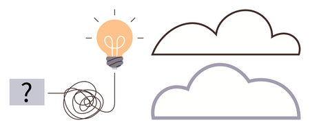Tangled line connects question mark to glowing light bulb, leading to two outlined clouds. Ideal for creativity, problem-solving, innovation, brainstorming, decision-making, workflow, conceptualのイラスト素材