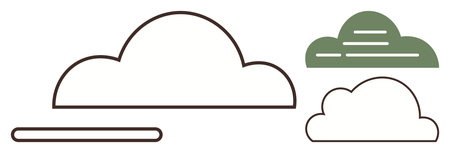Stylized cloud shapes with outlined and filled designs in black and green. Ideal for weather, technology, data storage, ecology, nature, simplicity, clean flat metaphorのイラスト素材