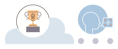 Golden trophy symbolizing achievement and success, head profile with speech recognition sound wave, and cloud. Ideal for technology, innovation, AI, speech analysis, motivation, communication modernのイラスト素材