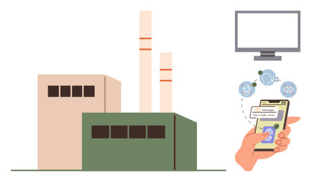 Factory with chimneys beside a hand holding a smartphone sharing data and messages, with a monitor in view. Ideal for smart manufacturing, automation, IoT, digital transformation, data flow, industryのイラスト素材