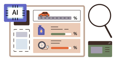 Automotive diagnostic interface highlighting car status, fuel usage, fluid levels, tire health, and magnifying data. Ideal for data analysis, AI, transportation, automation research monitoringのイラスト素材