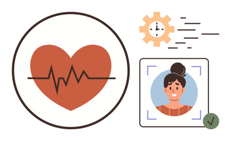 Heart with heartbeat line, time gear with motion, and facial ID box with approval icon. Ideal for...