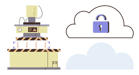 Industrial equipment with warning signs, cloud graphic with a lock icon, highlighting data safety and secure cloud storage. Ideal for cloud technology, cybersecurity, data privacy, industrial safetyのイラスト素材