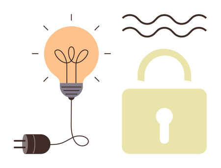 Light bulb with wire and plug, beige lock, and wavy lines portraying energy, security, innovation, and reliability. Ideal for sustainability, protection, renewable resources energy managementのイラスト素材