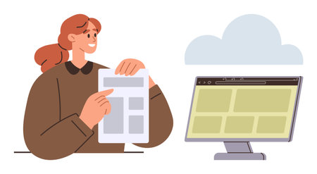 Woman holding and pointing at a document, computer monitor with website layout, cloud at top. Ideal for remote work, presentation, technology, cloud computing, web development, business digitalのイラスト素材