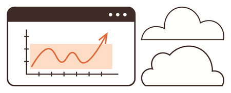 Chart with rising line in a web browser window next to two clouds. Ideal for analytics, growth,...