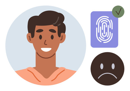 Smiling person portrait with approved fingerprint and rejected sad face, illustrating identity verification, user feedback, decision-making, technology, recognition, access control, clearのイラスト素材