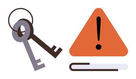 Two keys beside an orange warning triangle with an exclamation mark underlined in a simple graphic. Ideal for security, access control, risk management, warning signs, cybersecurity, errorのイラスト素材