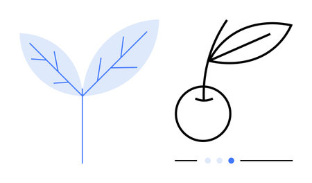 Stylized plant with two leaves and a cherry graphic paired with progress indicators. Ideal for sustainability, nature, environment, ecology, agriculture, wellness, simple landing pageのイラスト素材