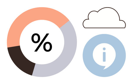 Colorful pie chart with percentage sign, outlined cloud, and information icon within blue circle. Ideal for analytics, statistics, cloud computing, information, data management, businessのイラスト素材