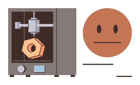 3D printer fabricating a hexagonal object, accompanied by a neutral emoticon face. Ideal for technology, innovation, manufacturing, engineering, creativity, prototyping education themes. Simple flatのイラスト素材