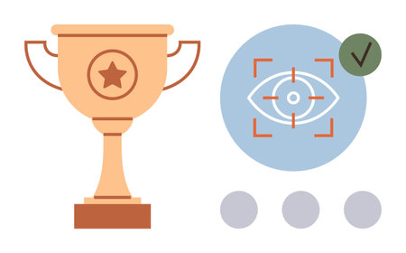 Golden trophy with star, focus target icon symbolizing vision and completion, checkmark for acknowledgment. Ideal for achievement, success, excellence, leadership, goals vision recognition. Simpleのイラスト素材